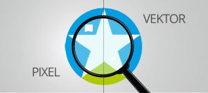Bild eines Logos durch eine Lupe angeschaut: in der linken Hälfte sieht man die einzelnen Pixel, in der rechten Hälfte scharfe Umrisse einer Vektorzeichnung