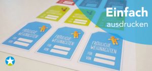 Weihnachtsetiketten für Geschenke in blau, grün und rot als Vorlage in DIN A4