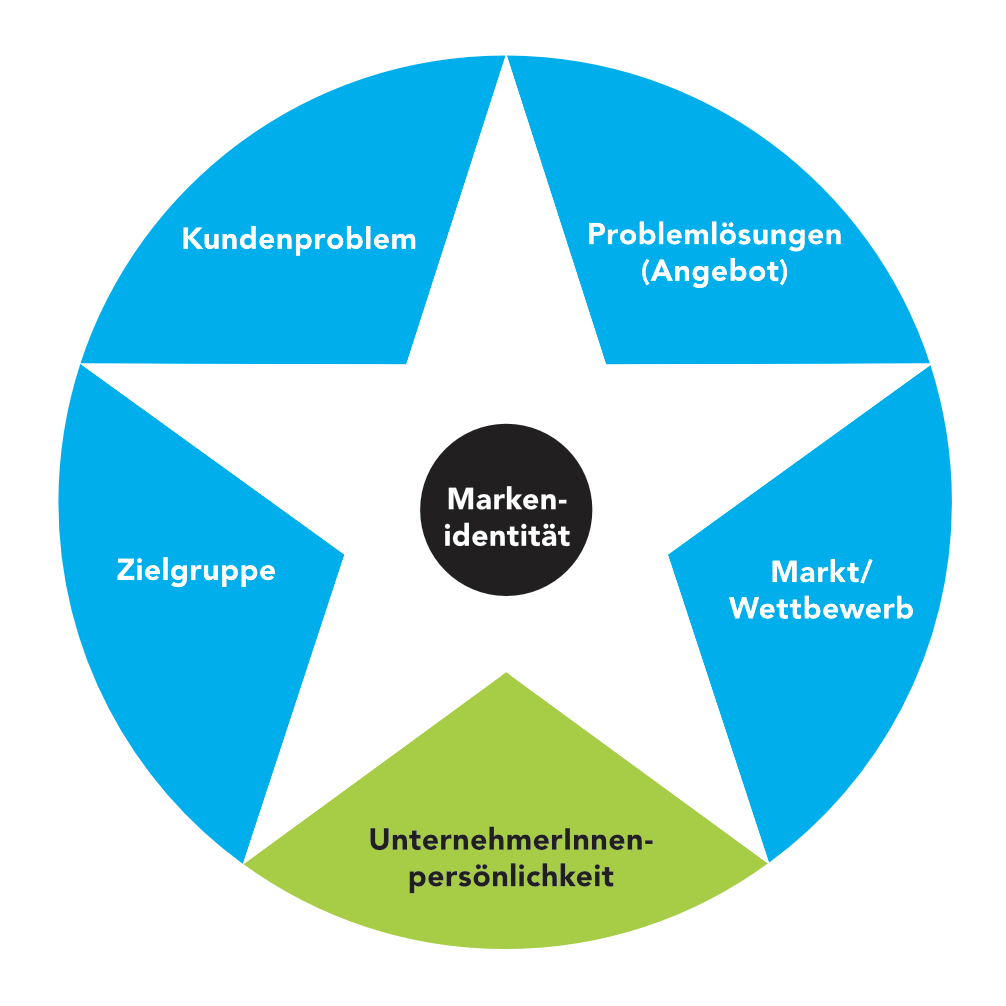 Schematische Darstellung über die Inhalte des Workshops: blauer Kreis, davor ein weißer, fünfzackiger Stern. Die bergförmige Fläche unten zwischen den "Beinen" des Sterns ist grün. In der Mitte ein schwarzer Punkt, der Markenkern. Die untere grüne Fläche steht für die UnternehmerInnenpersönlichkeit, die anderen blauen Flächen lauten: Zielgruppe (Helden), Kundenproblem (Bösewicht), Problemlösungen (Angebot) und Markt/Wettbewerb.